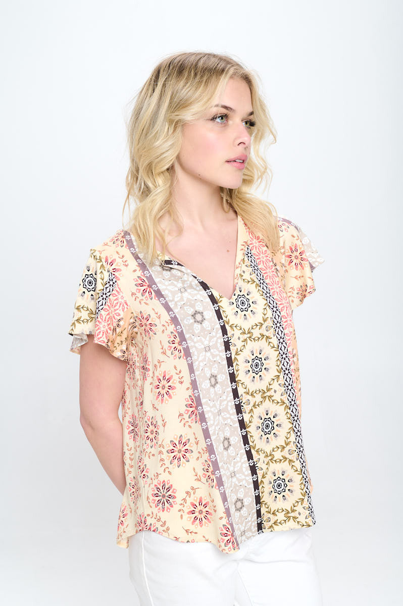 Boho Floral Print V neck Top with Flutter Sleeve-Tops-Reneecollection-Urbanheer