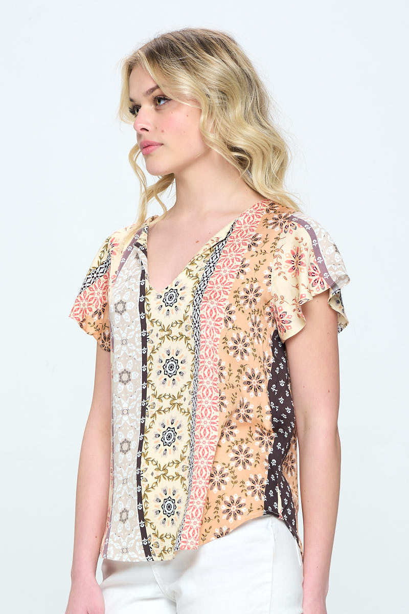 Boho Floral Print V neck Top with Flutter Sleeve-Tops-Reneecollection-Urbanheer