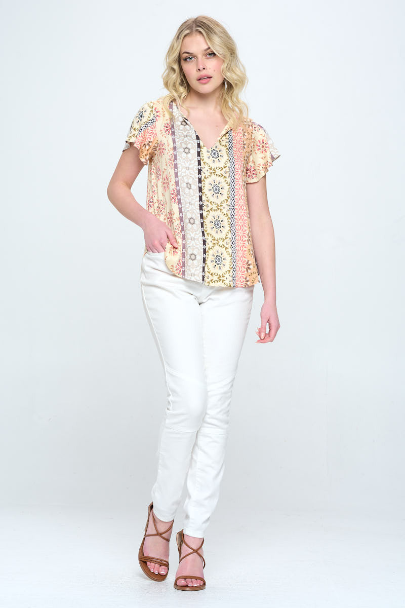 Boho Floral Print V neck Top with Flutter Sleeve-Tops-Reneecollection-Urbanheer