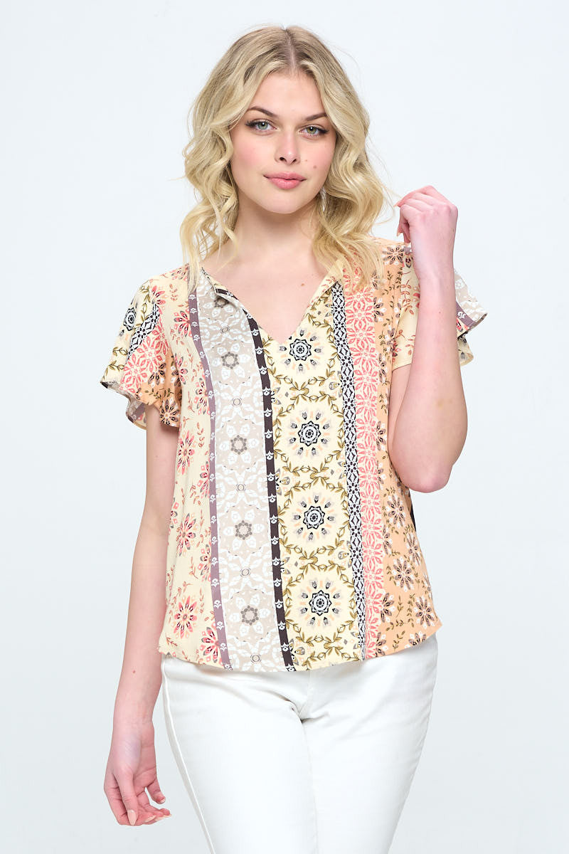 Boho Floral Print V neck Top with Flutter Sleeve-Tops-Reneecollection-Urbanheer