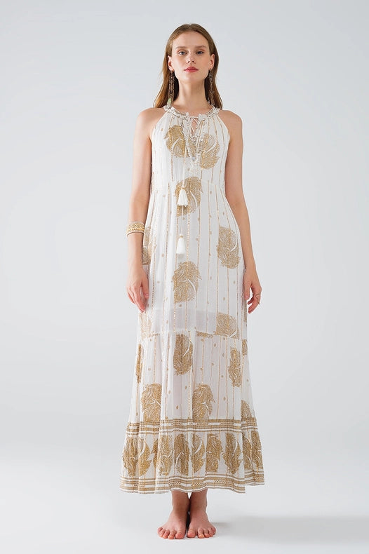Boho Maxi Chiffon Dress with Gold Flower Print-Dress-Q2-S-White-Urbanheer
