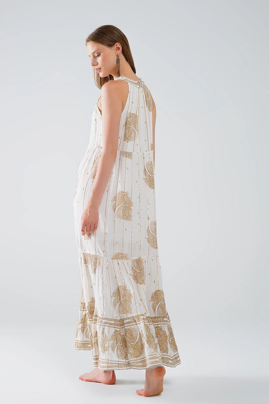 Boho Maxi Chiffon Dress with Gold Flower Print-Dress-Q2-S-White-Urbanheer
