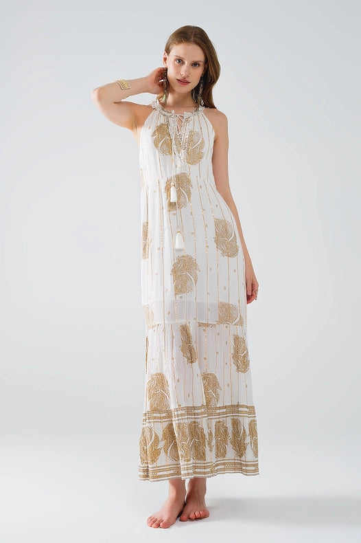 Boho Maxi Chiffon Dress with Gold Flower Print-Dress-Q2-S-White-Urbanheer