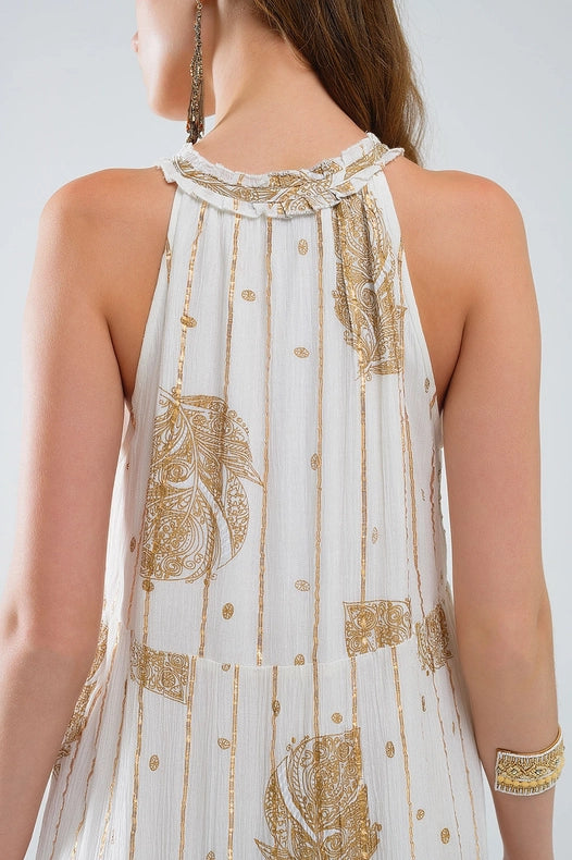 Boho Maxi Chiffon Dress with Gold Flower Print-Dress-Q2-S-White-Urbanheer