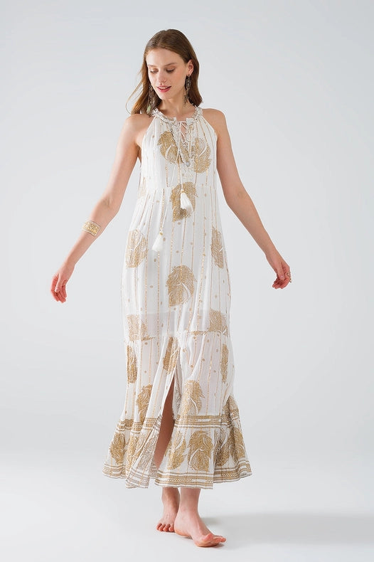 Boho Maxi Chiffon Dress with Gold Flower Print-Dress-Q2-S-White-Urbanheer