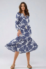 Boho Maxi Dress with Balloon Sleeves and Leaf Print in Navy and White-Dress-Q2-S-Blue-Urbanheer