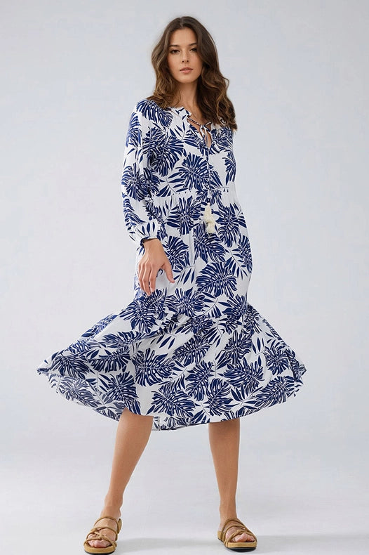 Boho Maxi Dress with Balloon Sleeves and Leaf Print in Navy and White-Dress-Q2-S-Blue-Urbanheer