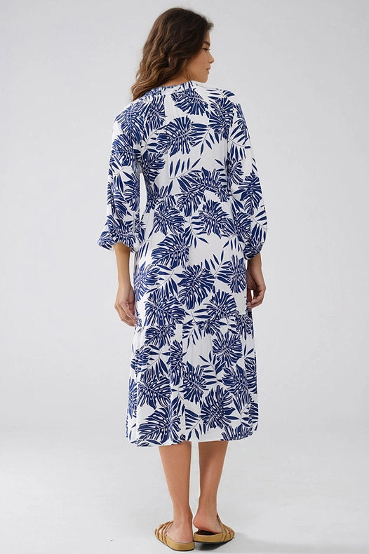 Boho Maxi Dress with Balloon Sleeves and Leaf Print in Navy and White-Dress-Q2-S-Blue-Urbanheer