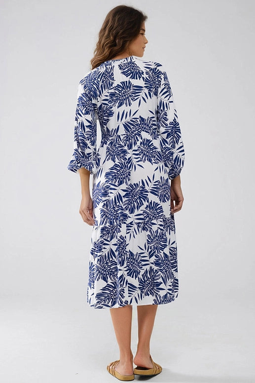 Boho Maxi Dress with Balloon Sleeves and Leaf Print in Navy and White-Dress-Q2-S-Blue-Urbanheer