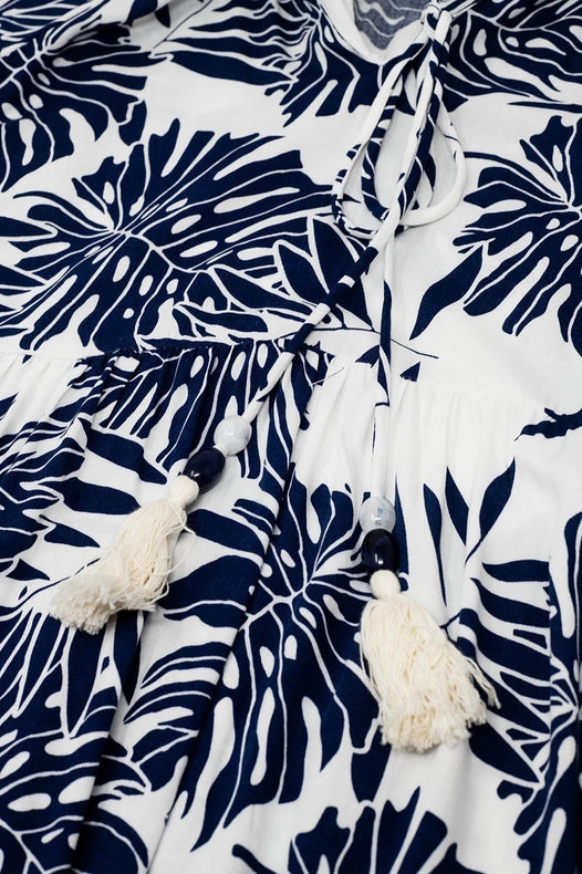 Boho Maxi Dress with Balloon Sleeves and Leaf Print in Navy and White-Dress-Q2-S-Blue-Urbanheer
