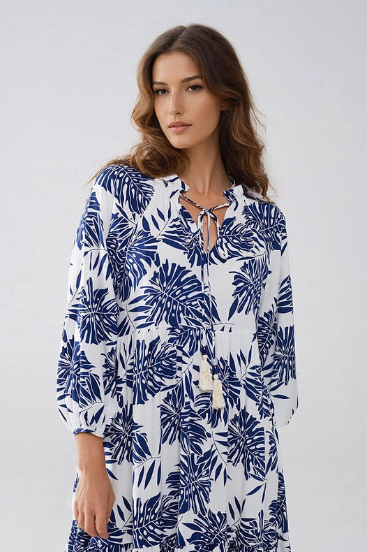 Boho Maxi Dress with Balloon Sleeves and Leaf Print in Navy and White-Dress-Q2-S-Blue-Urbanheer
