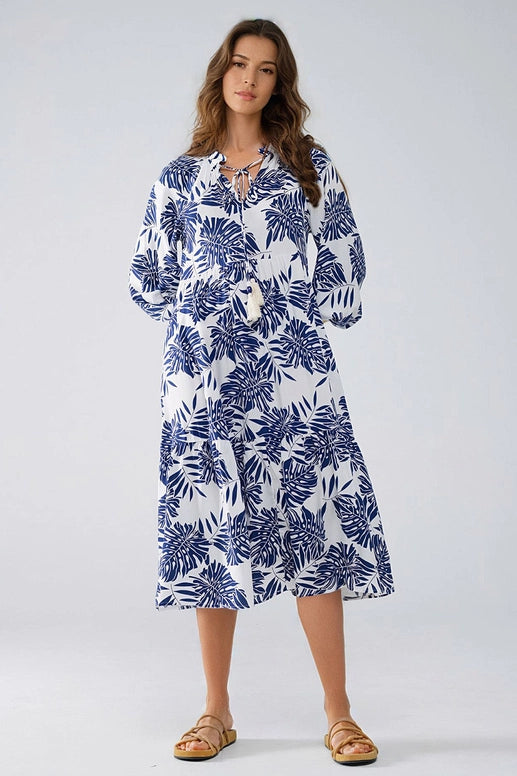 Boho Maxi Dress with Balloon Sleeves and Leaf Print in Navy and White-Dress-Q2-S-Blue-Urbanheer