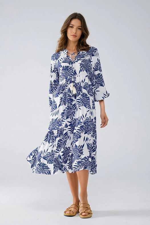 Boho Maxi Dress with Balloon Sleeves and Leaf Print in Navy and White-Dress-Q2-S-Blue-Urbanheer