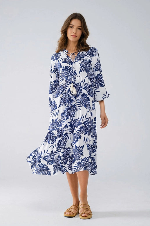 Boho Maxi Dress with Balloon Sleeves and Leaf Print in Navy and White-Dress-Q2-S-Blue-Urbanheer