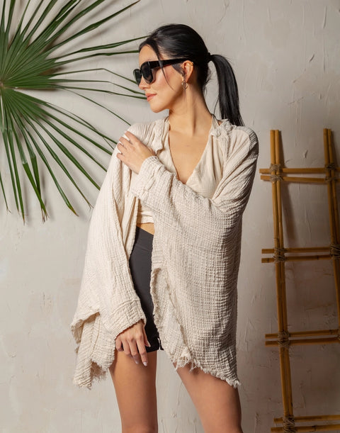 Boho Muslin Kimono Poncho Cream-Kimono-Moa-L:29" inch-74cm W:39" inch-100cm-Cream-Urbanheer