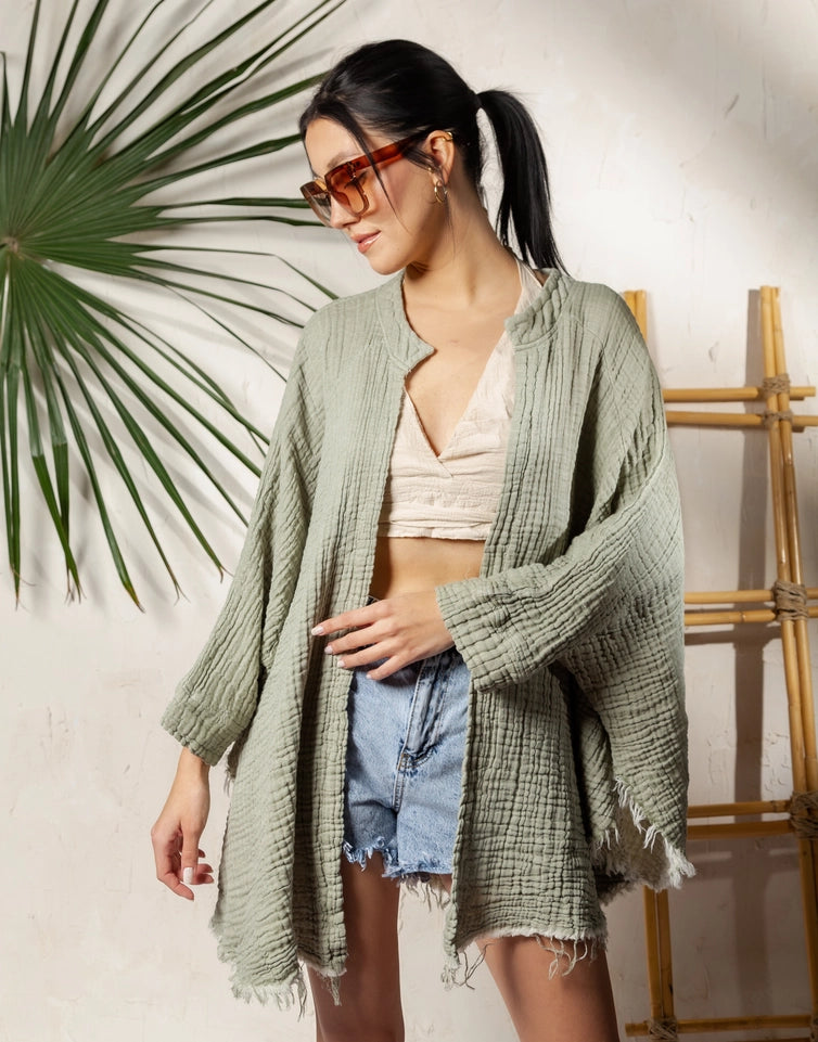 Boho Muslin Kimono Poncho Green-Kimono-Moa-L:29" inch-74cm W:39" inch-100cm-Green-Urbanheer
