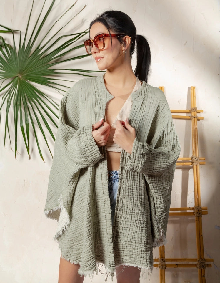 Boho Muslin Kimono Poncho Green-Kimono-Moa-L:29" inch-74cm W:39" inch-100cm-Green-Urbanheer