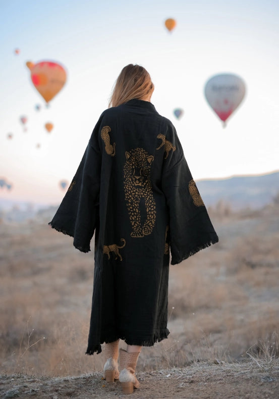 Boho Tiger Long Kaftan Kimono Black Kimono Gold Tiger-Kimono-Moa-W: 33.5“inches (85cm) L: 47.2“inches (120cm)-Black Kimono Gold Tiger-Urbanheer