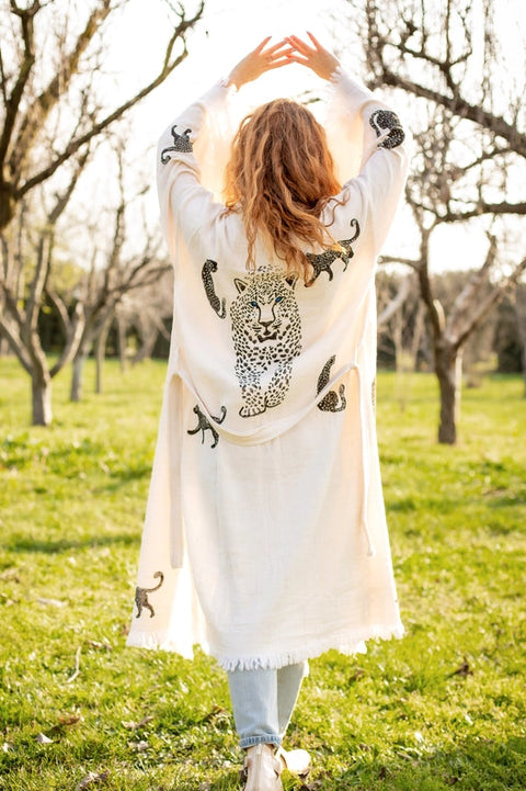 Boho Tiger Long Kaftan Kimono White Kimono Black Tiger-Kimono-Moa-W: 33.5“inches (85cm) L: 47.2“inches (120cm)-White Kimono Black Tiger-Urbanheer