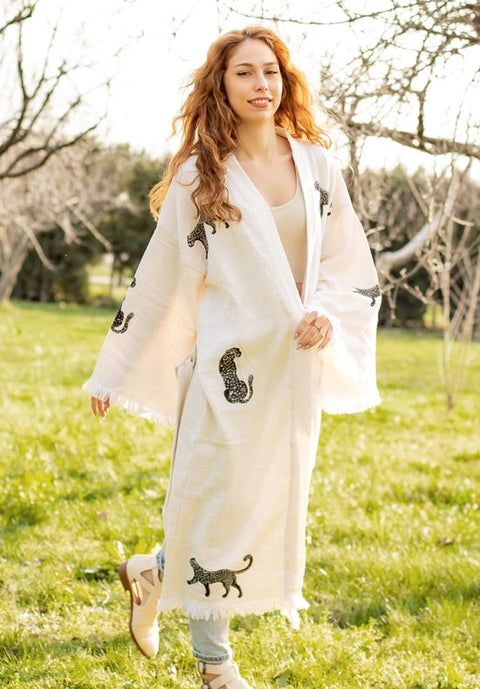 Boho Tiger Long Kaftan Kimono White Kimono Black Tiger-Kimono-Moa-W: 33.5“inches (85cm) L: 47.2“inches (120cm)-White Kimono Black Tiger-Urbanheer