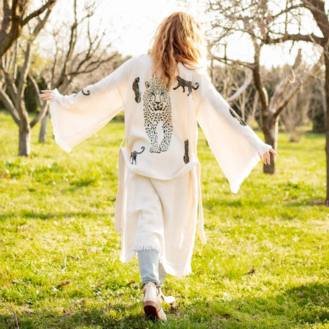 Boho Tiger Long Kaftan Kimono White Kimono Black Tiger-Kimono-Moa-W: 33.5“inches (85cm) L: 47.2“inches (120cm)-White Kimono Black Tiger-Urbanheer