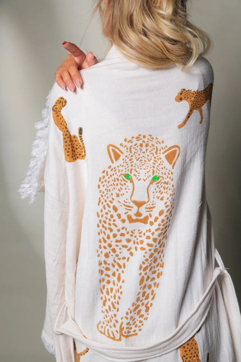 Boho Tiger Long Kaftan Kimono White Kimono Brown Tiger-Kimono-Moa-W: 33.5“inches (85cm) L: 47.2“inches (120cm)-White Kimono Brown Tiger-Urbanheer