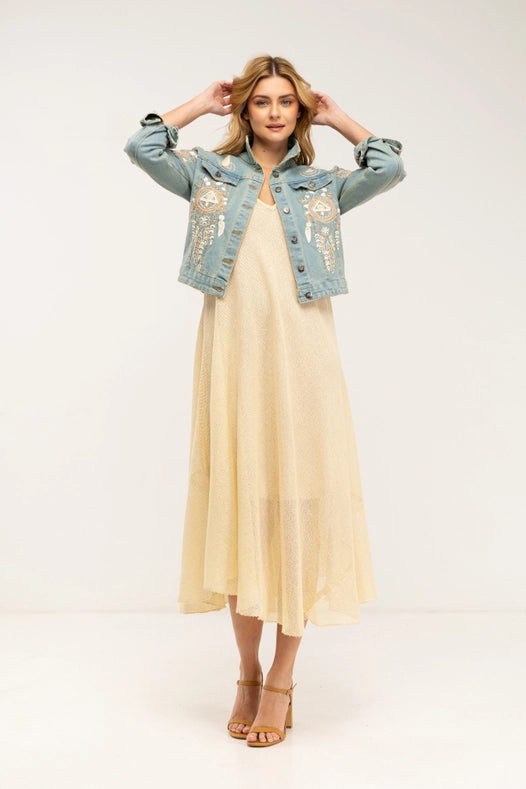 Boho Style Denim Jacket With Embroidered Inserts And Rhinestones-Jacket-Tantra-M-Urbanheer