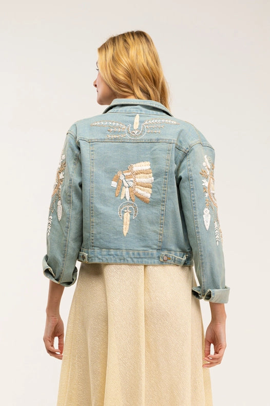 Boho Style Denim Jacket With Embroidered Inserts And Rhinestones-Jacket-Tantra-M-Urbanheer