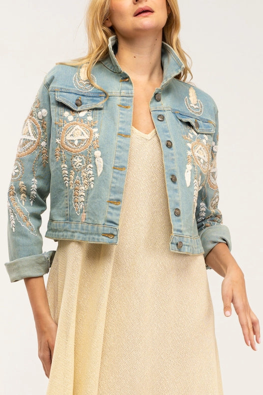 Boho Style Denim Jacket With Embroidered Inserts And Rhinestones-Jacket-Tantra-M-Urbanheer