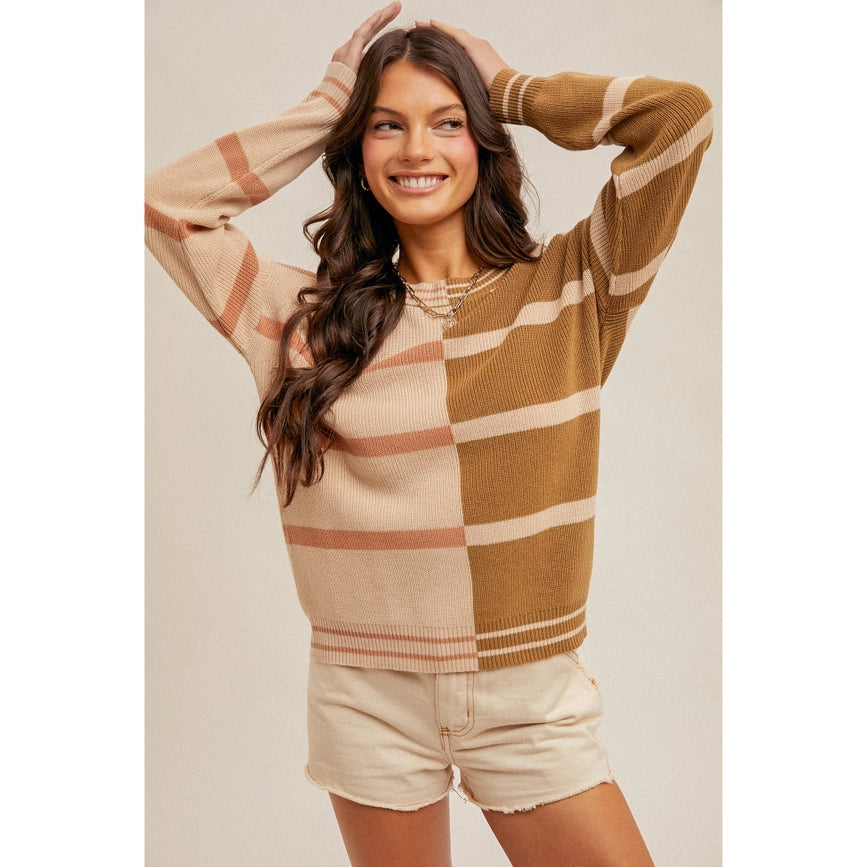 Bold Color Block Stripe Pullover Sweater For A Pop of Style SALMON/OLIVE-Sweater-Blue Bunny Inc-S-SALMON/OLIVE-Urbanheer