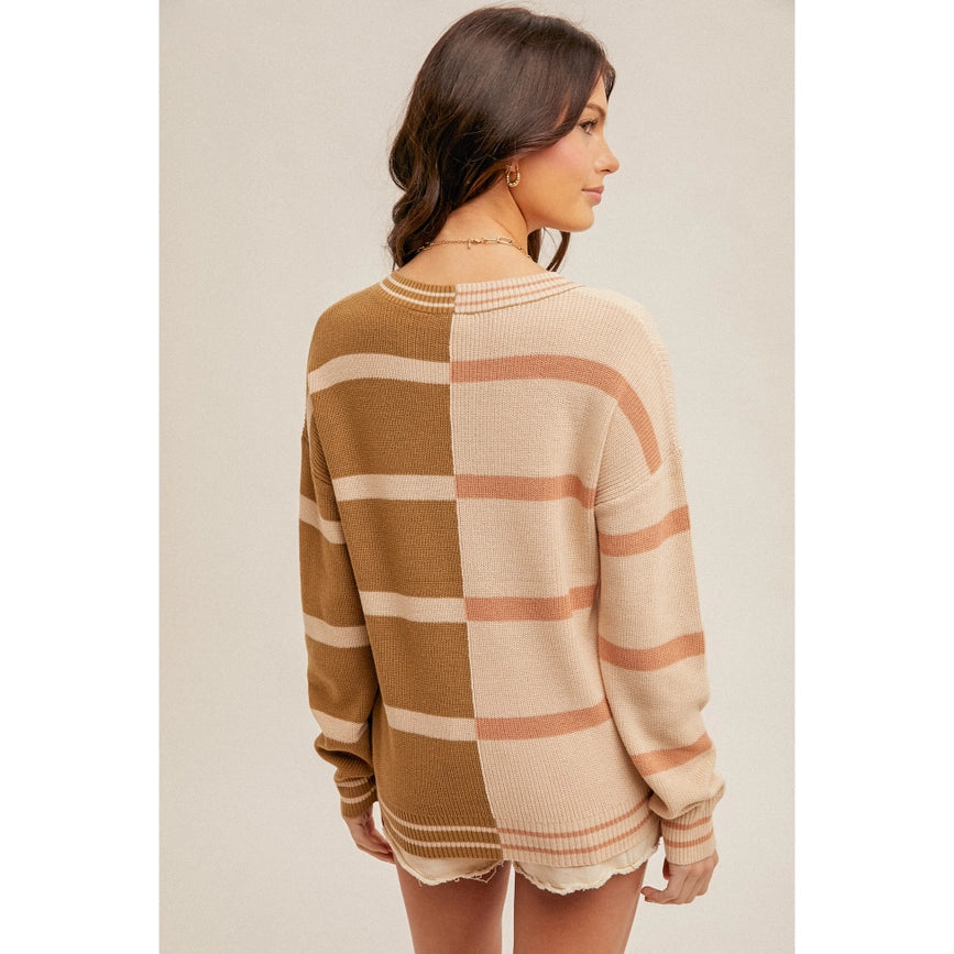 Bold Color Block Stripe Pullover Sweater For A Pop of Style SALMON/OLIVE-Sweater-Blue Bunny Inc-S-SALMON/OLIVE-Urbanheer