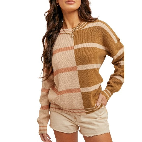 Bold Color Block Stripe Pullover Sweater For A Pop of Style SALMON/OLIVE-Sweater-Blue Bunny Inc-S-SALMON/OLIVE-Urbanheer