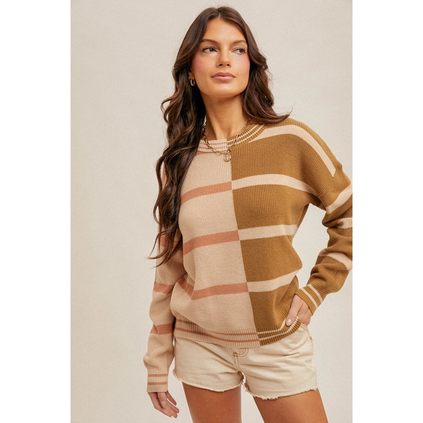 Bold Color Block Stripe Pullover Sweater For A Pop of Style SALMON/OLIVE-Sweater-Blue Bunny Inc-S-SALMON/OLIVE-Urbanheer