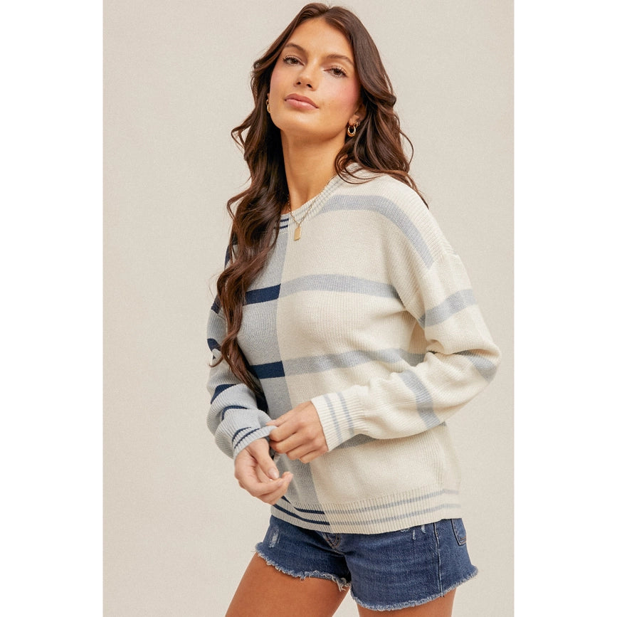 Bold Color Block Stripe Pullover Sweater For A Pop of Style white/blue-Sweater-Blue Bunny Inc-S-white/blue-Urbanheer