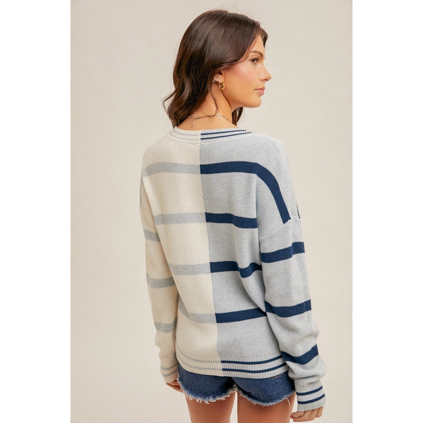 Bold Color Block Stripe Pullover Sweater For A Pop of Style white/blue-Sweater-Blue Bunny Inc-S-white/blue-Urbanheer
