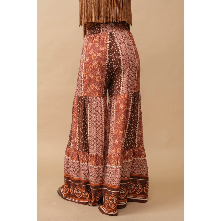 Border Block Tiered Palazzo Pants-Pants-Apolline-S-BROWN-Urbanheer