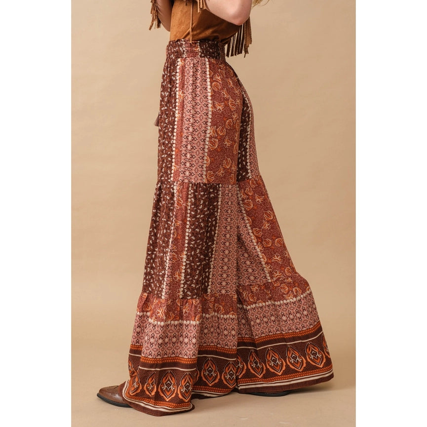 Border Block Tiered Palazzo Pants-Pants-Apolline-S-BROWN-Urbanheer