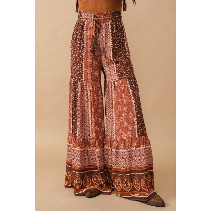 Border Block Tiered Palazzo Pants-Pants-Apolline-S-BROWN-Urbanheer