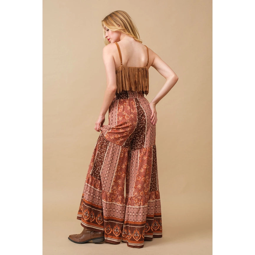 Border Block Tiered Palazzo Pants-Pants-Apolline-S-BROWN-Urbanheer