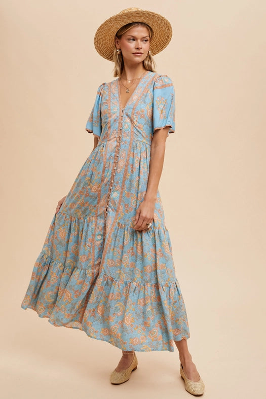 Border Print Button Front Midi Dress DUSTY BLUE from In Loom exclusive Urbanheer Border Print Button Front Midi Dress DUSTY BLUE from In Loom exclusive Urbanheer