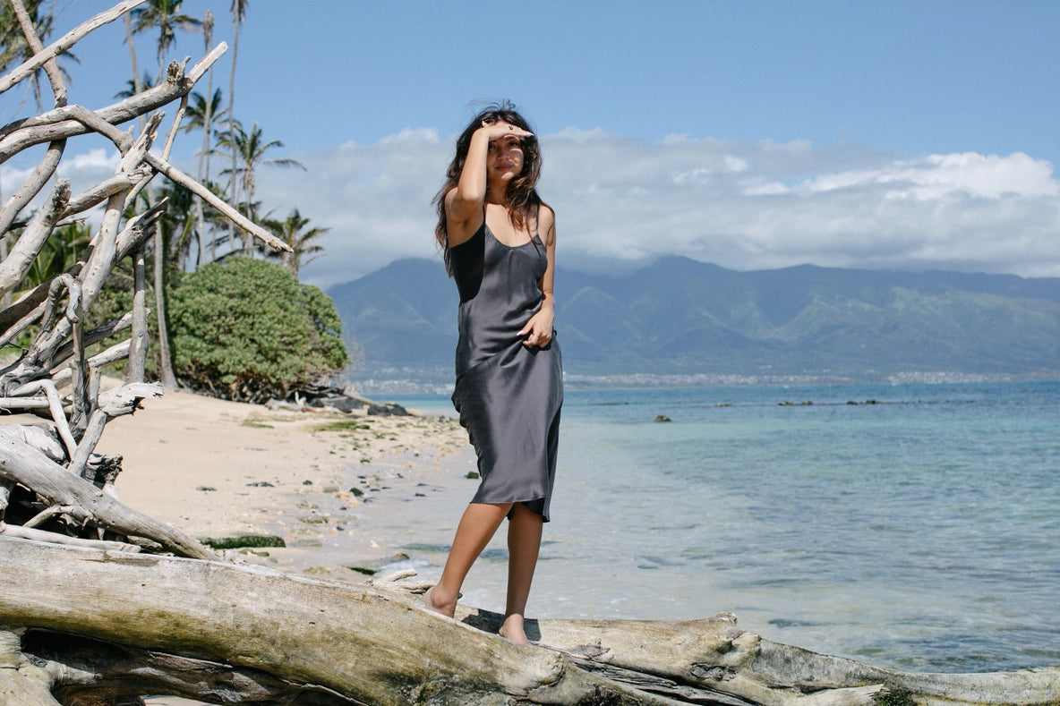 Botanical Dyed Mulberry Silk Slip Dress in Slate-Dress-Ocean Prairie-S-Slate-Urbanheer