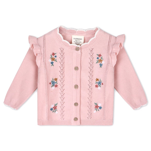 Bouquet Embroidered Pointelle Knit Baby Cardigan (Organic)-Cardigan-Viverano Organics-0-3M-Blush Pink-Urbanheer