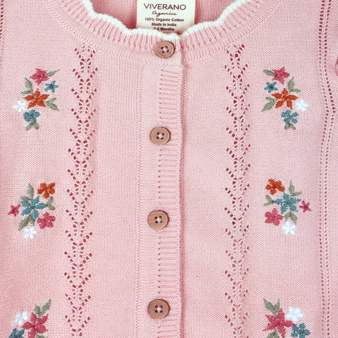 Bouquet Embroidered Pointelle Knit Baby Cardigan (Organic)-Cardigan-Viverano Organics-0-3M-Blush Pink-Urbanheer