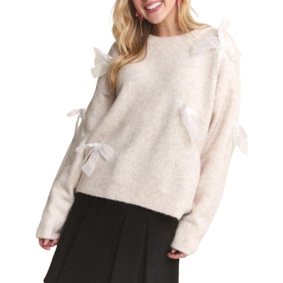 Bow Applique Soft Sweater Drop Shoulder Cozy Knit Charm OATMEAL-Sweater-Blue Bunny Inc-S-OATMEAL-Urbanheer