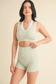 Bow Detail Double Layered Bra and Shorts Set Mint-Set-KIMBERLY C-S-Mint-Urbanheer