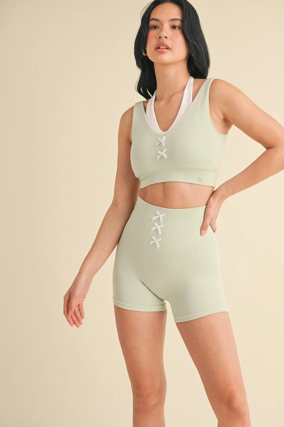 Bow Detail Double Layered Bra and Shorts Set Mint-Set-KIMBERLY C-S-Mint-Urbanheer