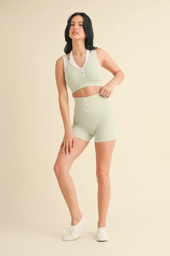 Bow Detail Double Layered Bra and Shorts Set Mint-Set-KIMBERLY C-S-Mint-Urbanheer