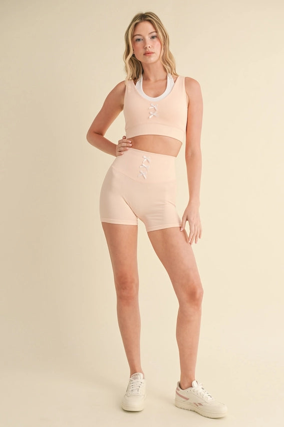 Bow Detail Double Layered Bra and Shorts Set Peach-Set-KIMBERLY C-S-Peach-Urbanheer