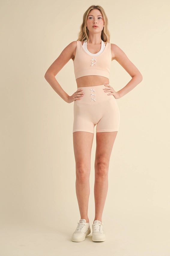 Bow Detail Double Layered Bra and Shorts Set Peach-Set-KIMBERLY C-S-Peach-Urbanheer