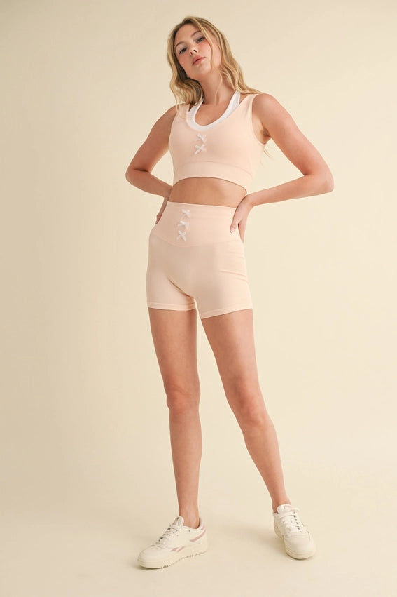 Bow Detail Double Layered Bra and Shorts Set Peach-Set-KIMBERLY C-S-Peach-Urbanheer